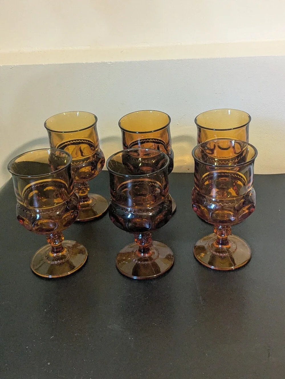 Indiana Amber Pedestal Kings Crown Thumbprint 8 Ounces Glasses Set Of Six